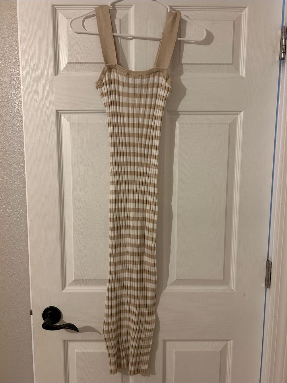 Beige and White Striped Ribbed Knit Maxi Dress